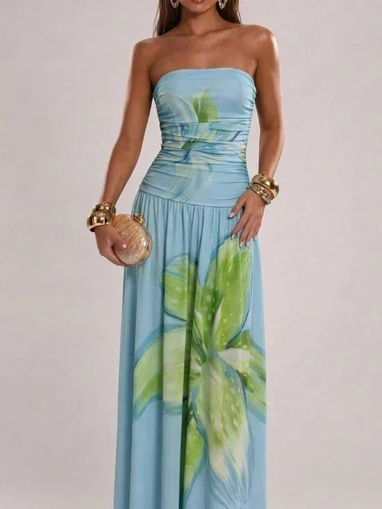 Blue Elegant Women's Strapless Floral Beach Maxi Dress - Picture 3 of 6